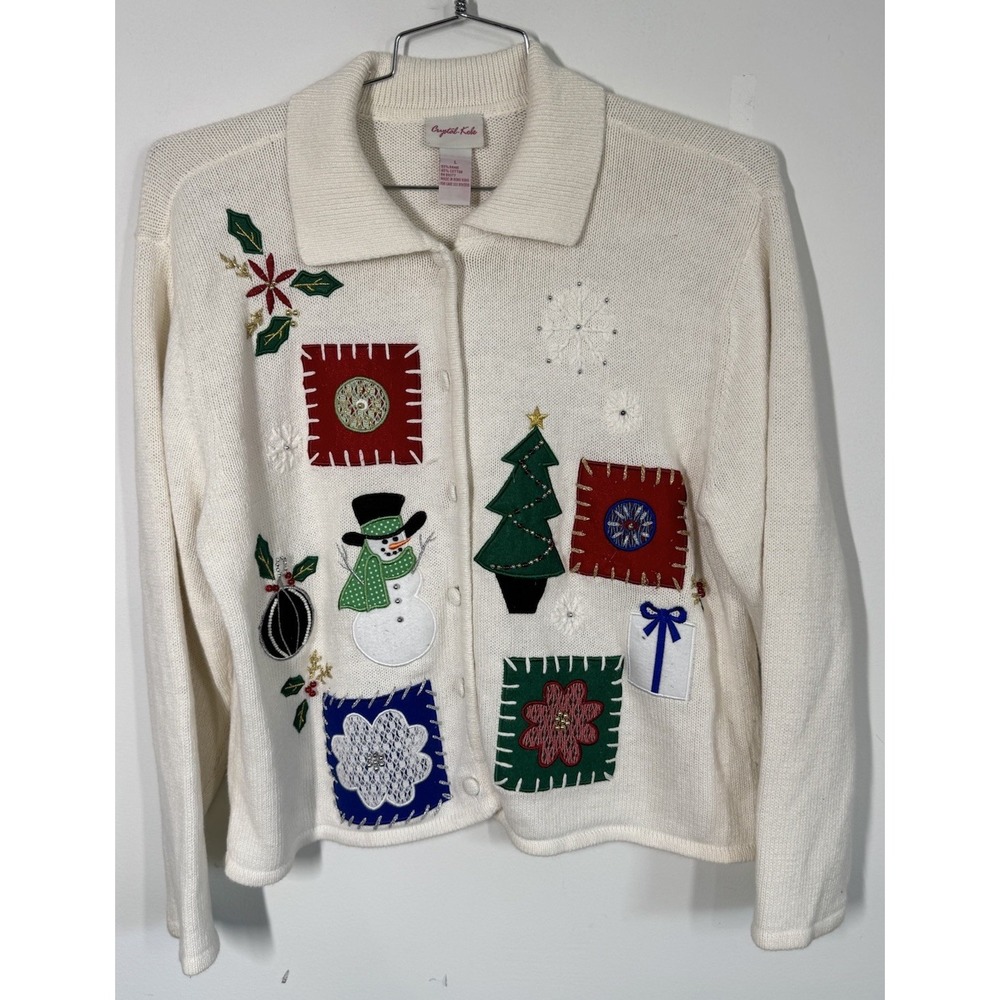 VTG Crystal Kobe Christmas Cardigan Embroidered Snowmen Santa Size L Holiday